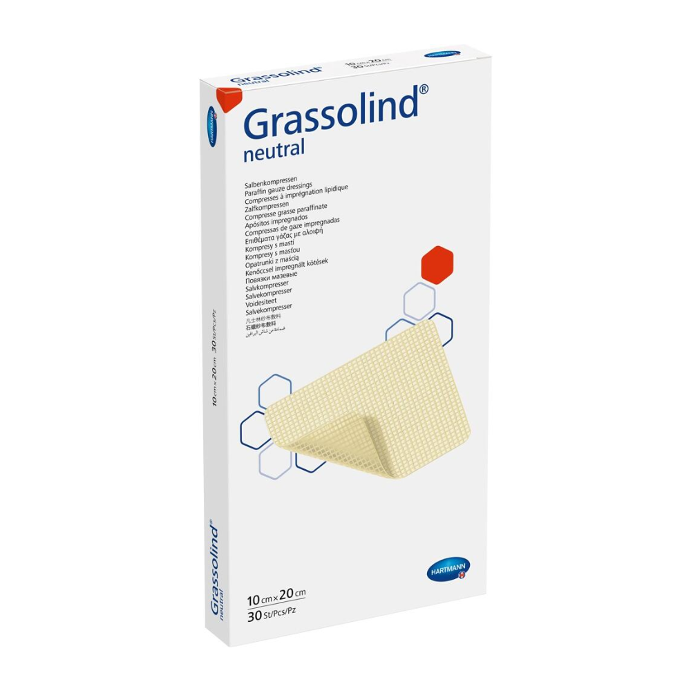 En æske Hartmann Grassolind® salvekompres, forskellige størrelser, en medicinsk sårforbinding, med vigtige produktoplysninger og et billede af salvekompresset på forsiden. Emballagen er overvejende holdt i hvid.