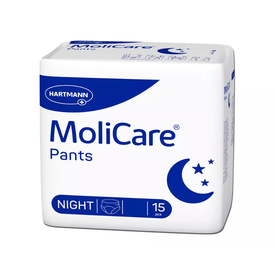 Hartmann MoliCare Pants Night-inkontinensbukserne fra Paul Hartmann AG fås i en diskret hvid-blå emballage med halvmåner og stjerner samt den iøjnefaldende påskrift »Night«. De er udviklet til blæreinkontinens, giver diskret beskyttelse og indeholder 15 stk. pr. pakke.