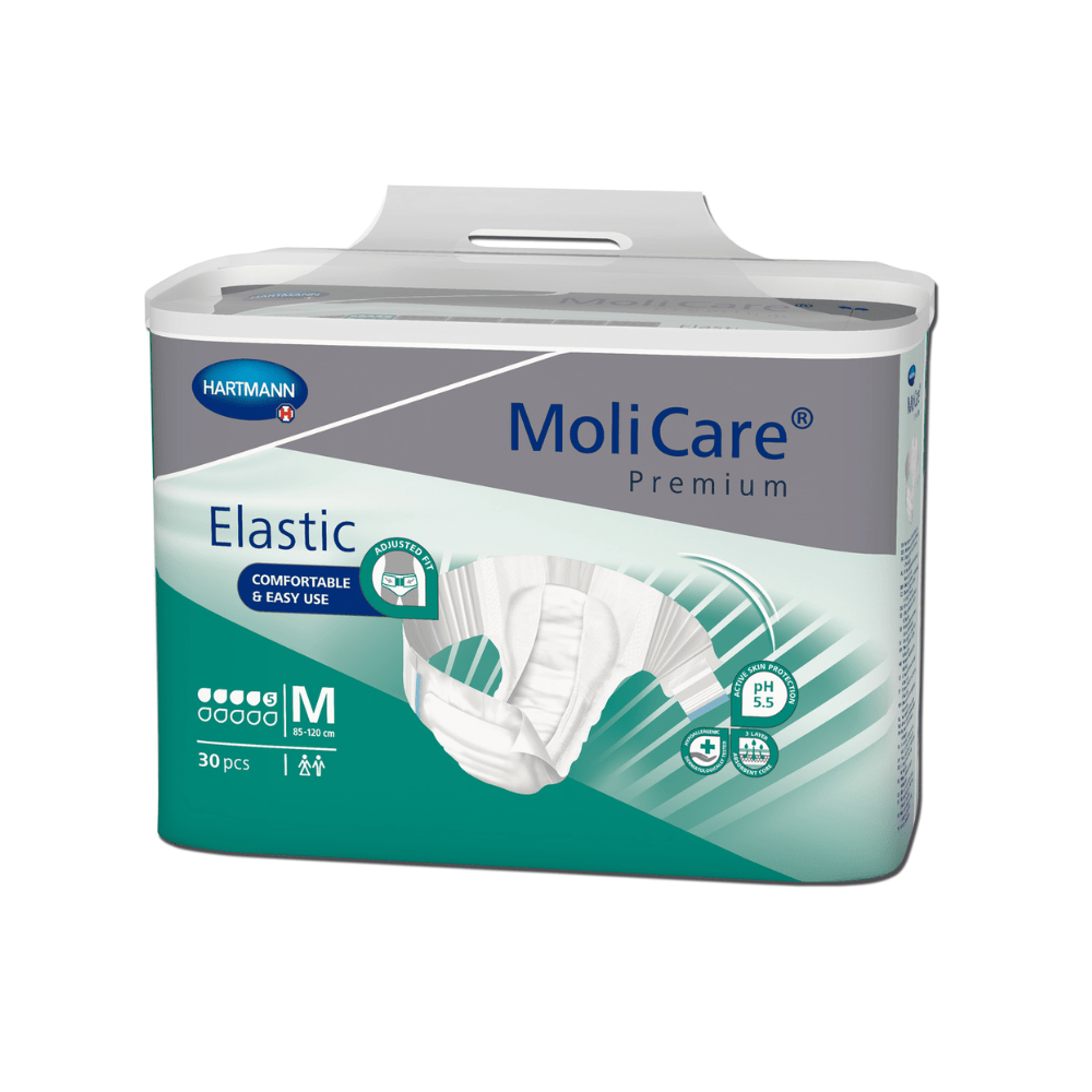 En pakke med mellemstore voksenbleer MoliCare® Premium Elastic 5 dråber fra Paul Hartmann AG. Den tredelte pakke fremhæver komfort og nem håndtering på den overvejende blågrønne og hvide emballage.