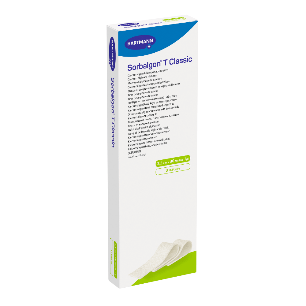 Æske med sterile Sorbalgon® T-calciumalginatforbindinger fra Paul Hartmann AG, størrelse 2,5 cm x 30 cm. Emballagen er hvid og grøn og indeholder en flersproget tekst med produktinformationer.