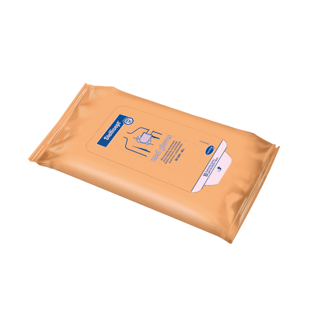 En pakke Paul Hartmann AG Hartmann Stellisept® med handsker, vaskeklude | Pakke (10 stykker) til plejende antibakteriel helkropsvask. Den genlukkelige orange emballage har blå tekst og illustrationer, herunder et billede af aftørrede hænder.