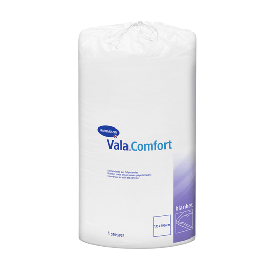 En forseglet hvid rulle Hartmann Vala®Comfort-dyner fra Paul Hartmann AG, afbildet på hvid baggrund. Etiketten viser produktoplysninger og mål (155 x 210 cm).