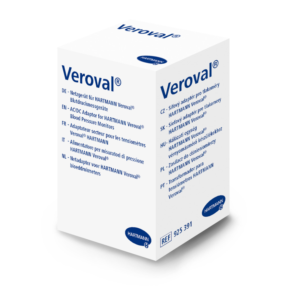 Eine weiße Schachtel mit der Aufschrift „Hartmann Veroval® Netzgerät für Oberarm-Blutdruckmessgeräte und Duo Control | Packung (1 Stück)“ und mehrsprachigem Text, der darauf hinweist, dass es sich um ein Produkt der Paul Hartmann AG handelt. Die Box, konzipiert für das Hartmann Veroval® Netzgerät für Oberarm-Blutdruckmessgeräte und Duo Control | Packung (1 Stück), verfügt über ein blaues Logo und die Produktreferenznummer 925391. Der Text enthält Begriffe für Blutdruckmessgerät-Adapter wie „Netzgerät“.