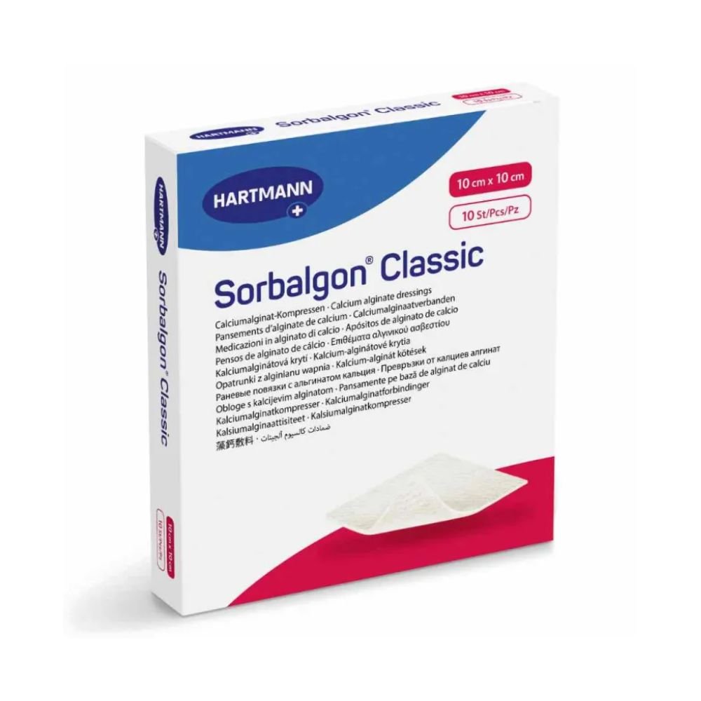 Afbildet er en pakke Hartmann Sorbalgon® Classic Calciumalginat-kompresser fra Paul Hartmann AG. Den overvejende hvide emballage med blå og røde elementer bærer påskriften „Calciumalginat-kompresser“ og indeholder 10 kompresser med målene 10 cm x 10 cm.