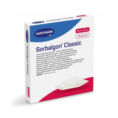 Afbildet er en pakke Hartmann Sorbalgon® Classic Calciumalginat-kompresser fra Paul Hartmann AG. Den overvejende hvide emballage med blå og røde elementer bærer påskriften „Calciumalginat-kompresser“ og indeholder 10 kompresser med målene 10 cm x 10 cm.