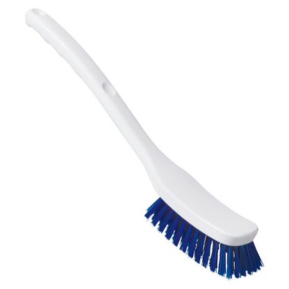 Afbildet er en hvid Haug universalbørste (Haug Bürsten KG) af plast med HACCP-kompatible blå PBT-børster og et langt skaft.
