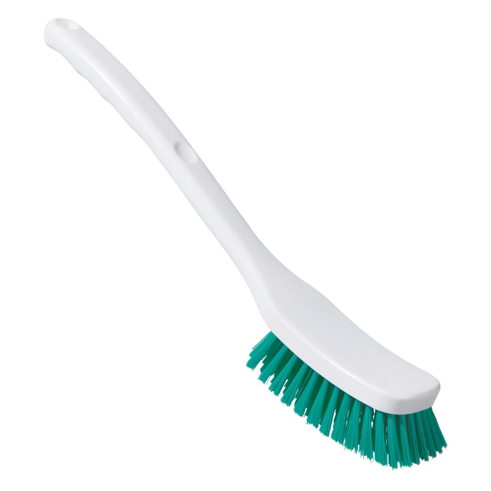 Haug universalbørste PBT fra Haug Bürsten KG er en hvid plast-rengøringsbørste med langt skaft og grønne PBT-børster, afbildet på hvid baggrund.