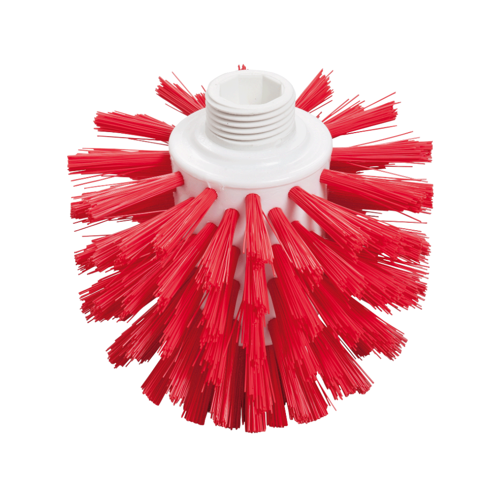 En rød Wolfbørste fra Haug Bürsten KG i hygiejnisk design er kendetegnet ved tætpakkede, hårde børstehår, der stikker ud fra en hvid plastbase. Basen har en gevindåbning til tilslutning til et rengøringsværktøj og er derfor perfekt til fødevaresikre miljøer.