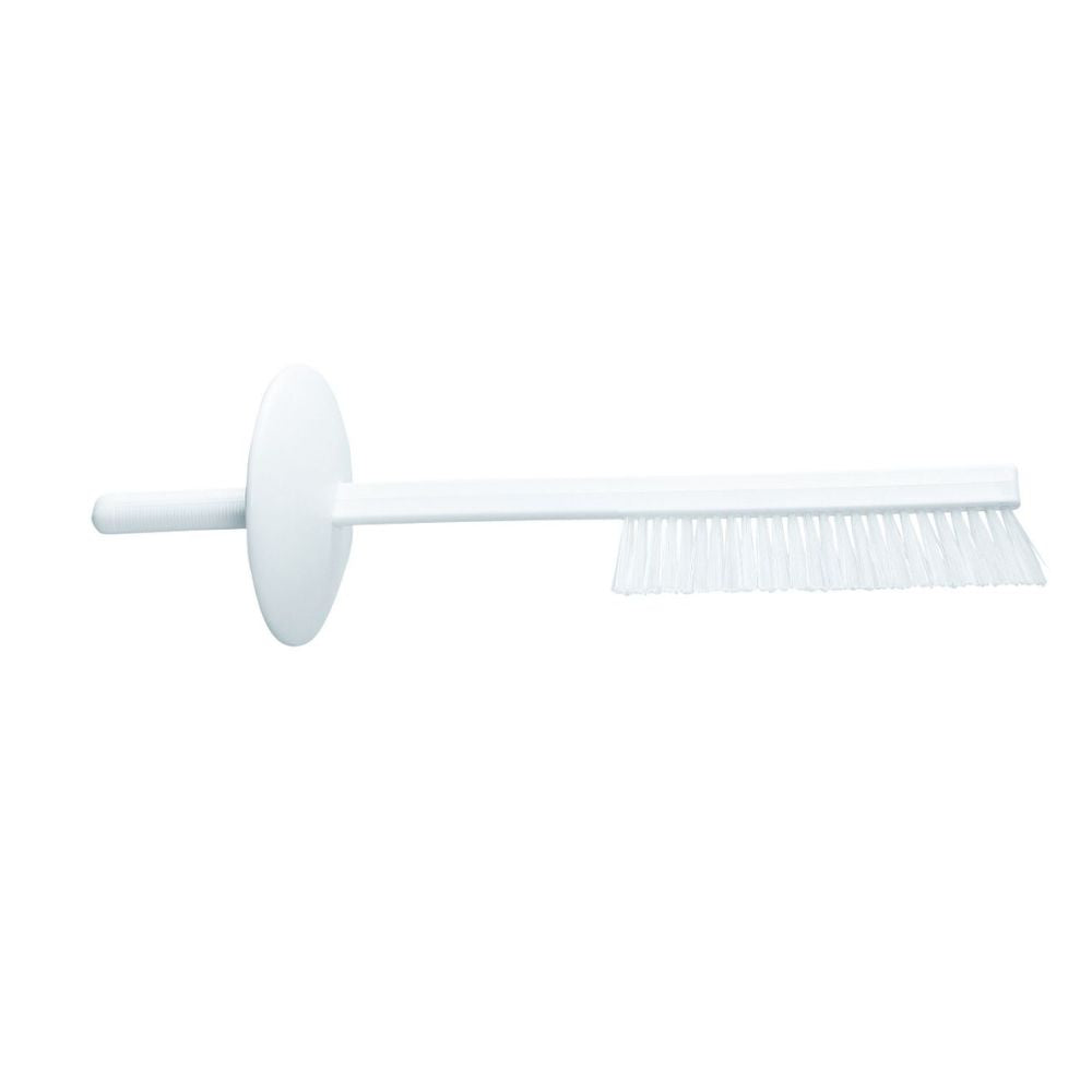 En Haug kutterbørste med beskyttelsesskjold fra Haug Bürsten KG med rundt håndtag og lange børster er afbildet på en hvid baggrund. Dens runde beskyttelsesskjold nær håndtaget giver ekstra beskyttelse.