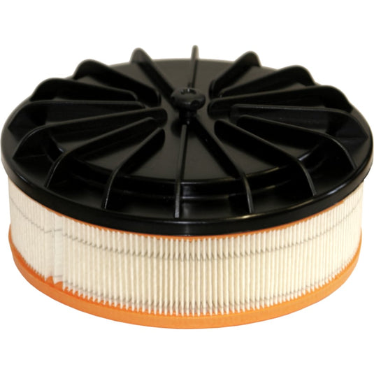 Arcora M5Plus-reserve-HEPA-filteret fra Arcora International GmbH er et rundt filter med orange bund, hvidt plisseret HEPA-materiale og et sort låg med radiale støtteribber.