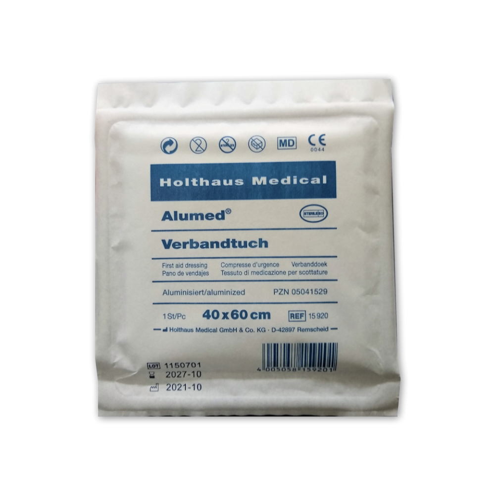 Holthaus Alumed® forbindingen fra Holthaus Medical GmbH & Co. KG er en sterilt pakket forbinding med påskriften "Aluminium belagt", som måler 40x60 cm og indeholder et stykke. Udløbsdatoen er oktober 2027.