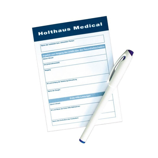 Holthaus Medical-rapporteringsblokken fra Holthaus Medical GmbH & Co. KG indeholder de afsnit, der er vigtige for en præcis dokumentation, nemlig afsnittene om personlige oplysninger og medicinske hændelser. På formularen ses en hvid kuglepen på en enkel hvid baggrund.