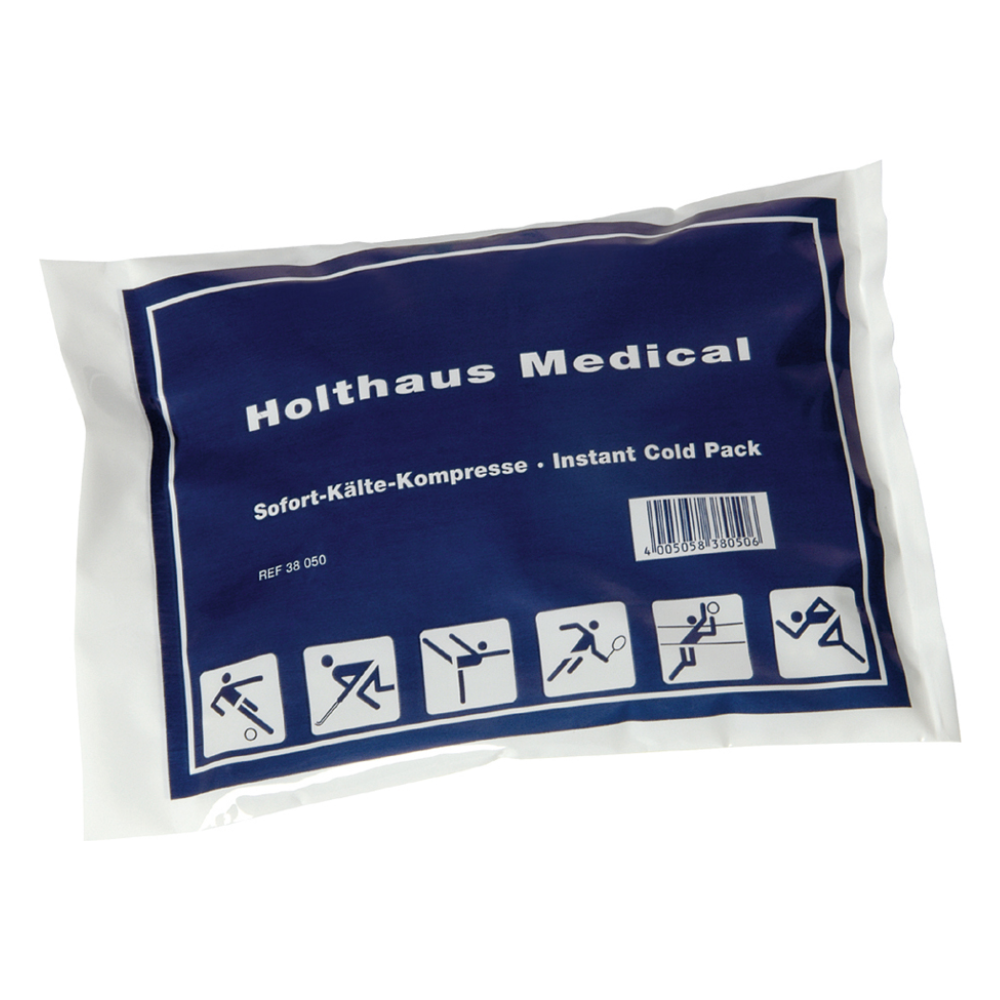 En blå-hvid pakke fra Holthaus Medical GmbH & Co. KG med påskriften „Engangskuldekompres 15 x 14 cm“ indeholder en øjeblikkelig kuldekompres. Med sportsikoner er det perfekt til kulde og kulde, med tekst på tysk og engelsk samt en stregkode.