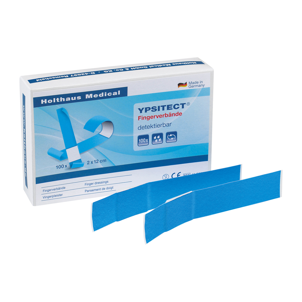 Vises er en æske Holthaus YPSITECT® fingerbandage, vandafvisende/detekterbar fra Holthaus Medical GmbH & Co. KG, hvor produktinformationer er fremtrædende placeret. Æsken indeholder 100 blå plastre med målene 2 cm x 12 cm. To enkelte plastre er placeret foran for bedre synlighed.