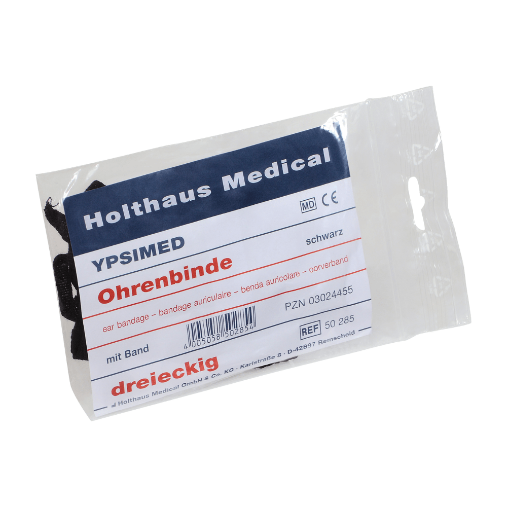 Hos Holthaus Ypsimed ørebinding fra Holthaus Medical GmbH & Co. KG er der tale om en pakket ørebinding med teksten „Holthaus YPSIMED Ørebinding“. Emballagen indeholder en trekantet sort ørebinding med et bånd til ørefiksering, PZN-nummeret 03024455 og referencenummeret 50 285.