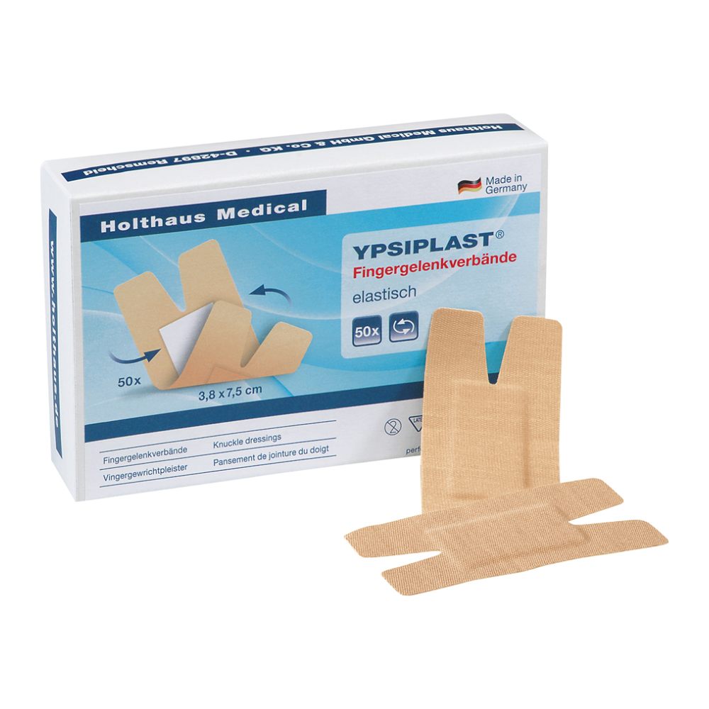 Æske Holthaus Ypsiplast® fingerledsbandage, elastisk med 50 bind fra Holthaus Medical GmbH & Co. KG. Disse i Tyskland fremstillede bind er designet til fingerled og måler hver 3,8 x 7,5 cm, hvor to bind er afbildet uden for æsken.