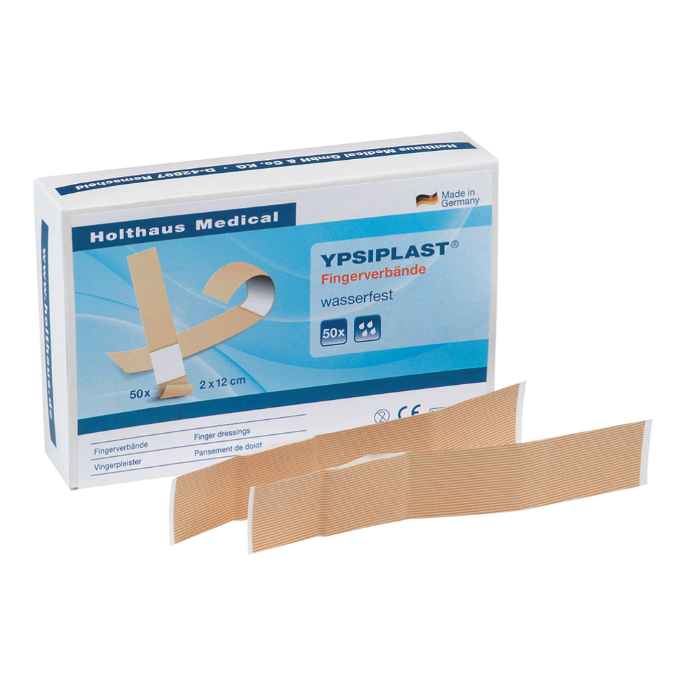 Afbildet er en æske Holthaus Ypsiplast® fingerforbinding, vandafvisende fra Holthaus Medical GmbH & Co. KG. Æsken indeholder 50 plastre (2 x 12 cm) med blå-hvid skrift. To plastre er placeret foran æsken. Teksten indeholder produktinformationer og angiver, at plastret er fremstillet i Tyskland og er ideelt til finger sår.