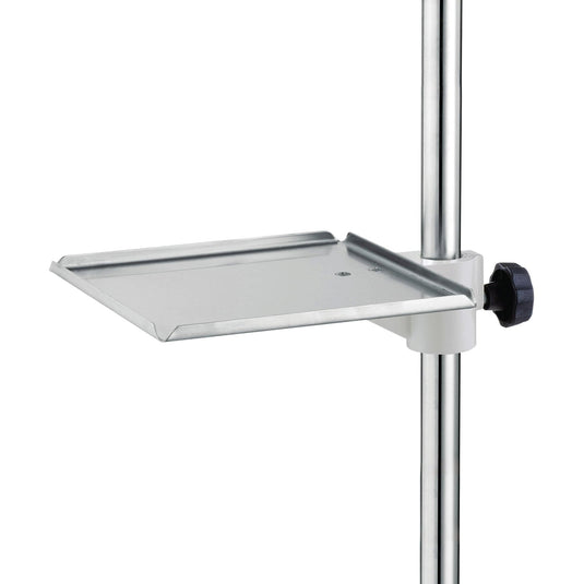 Novocal-aflægningspladen til infusionsstativer i rustfrit stål (315 x 275 mm) med håndtag tilbyder tre forhøjede kanter, justerbar knap og holder - ideel til sikker opbevaring af medicinske redskaber. Pakke: 1 styk.