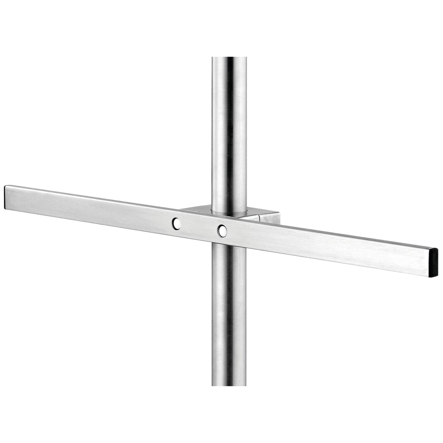 Novocal Euroskinnen til infusionsstativer er en 558 mm lang, højdejusterbar rustfri stålskinne (rustfrit stål enkelt) med rektangulært tværstykke, to runde lukninger og sorte endekapper - ideel til medicinske faciliteter. Enkel hvid baggrund.