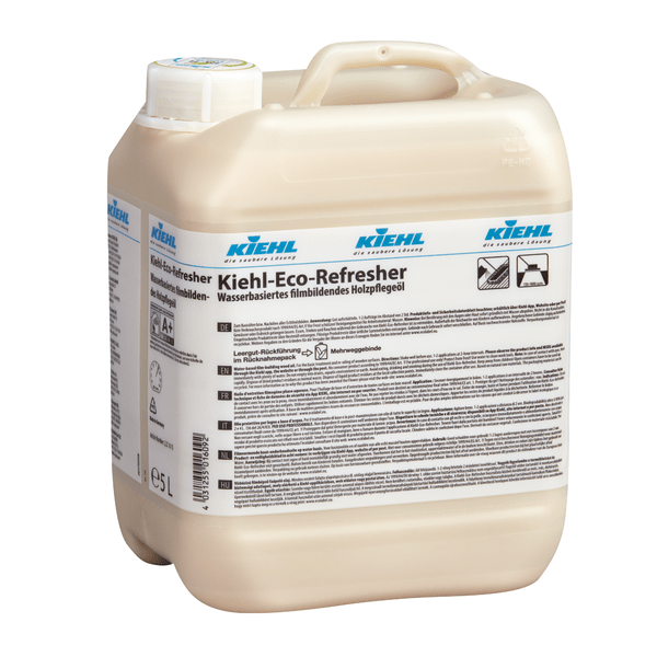 5-liters plastbeholder fra Johannes Kiehl KG Kiehl-Eco-Refresher, en film-dannende træplejeolie på vandbasis til gulve, med håndtag, skruelåg og tysk vejledning; kassen indeholder 2 flasker.