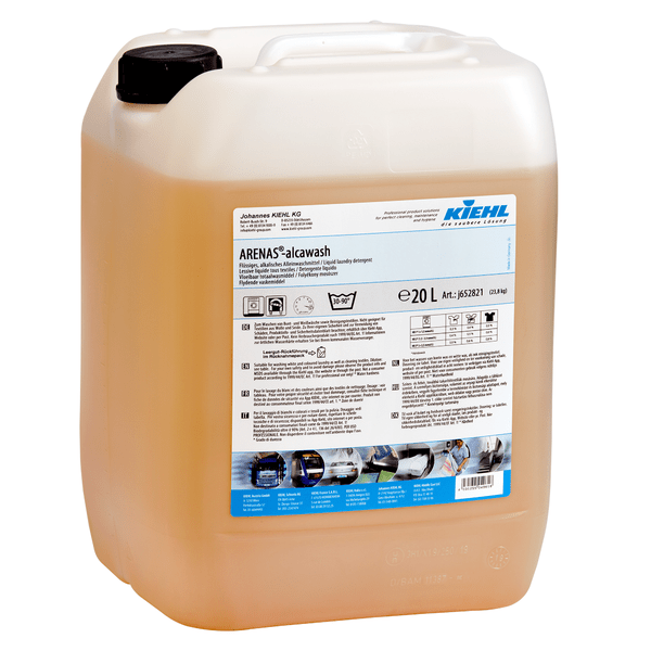 Kiehl ARENAS-alcawash Flydende alkalisk universalmiddel fra Johannes Kiehl KG i en 20-liters beholder af translucent plast med sort skruelåg og en etiket med produktinformation og anvendelsesvejledning.