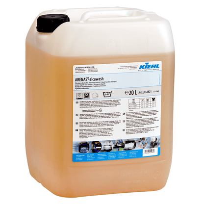 Kiehl ARENAS-alcawash Flydende alkalisk universalmiddel fra Johannes Kiehl KG i en 20-liters beholder af translucent plast med sort skruelåg og en etiket med produktinformation og anvendelsesvejledning.