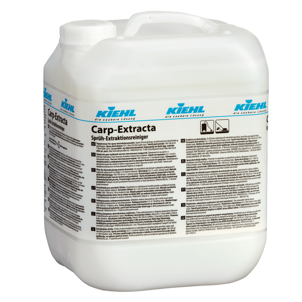Hvid 10-liters plastdunk af Kiehl Carp-Extracta sprayekstraktionsrenser fra Johannes Kiehl KG til tæppe- og polstringsrensning med blå-hvid etiket og flersproget vejledning.