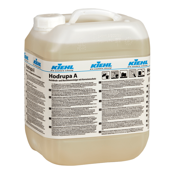 Kiehl Hodrupa A højtryks- og maskinrenser med korrosionsbeskyttelse fra Johannes Kiehl KG er i en gennemsigtig plastbeholder med hvidt låg og er egnet til brug i højtryksrensningsanlæg. Den flersprogede etiket informerer om anvendelse og egenskaber.