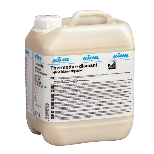 En 5-liters Johannes Kiehl KG Thermodur-diamant High-Solid-Acryldispersion (karton, 2 flasker) med høj dækkeevne og detaljerede flersprogede etiketter på siden.