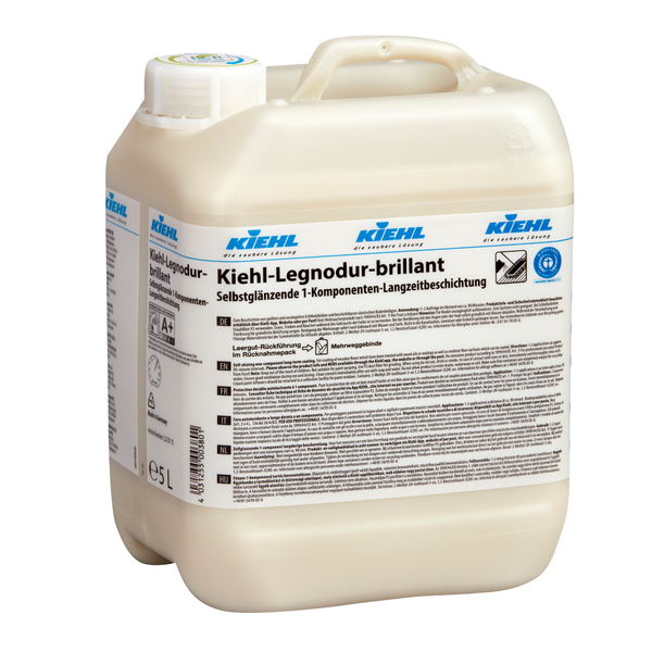 En beige 5-liters plastbeholder fra Johannes Kiehl KG Kiehl-Legnodur-brillant Selvglansende 1-komponents permanentbelægning med blå og sort skrift og en hvid skruelåg, solgt som en karton med 2 flasker.