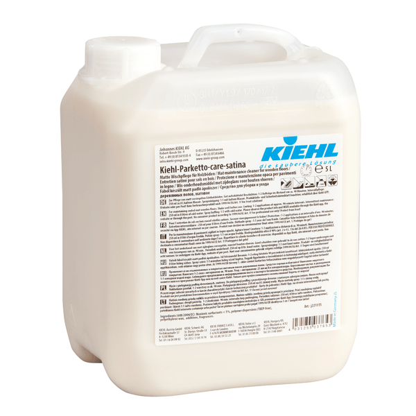 Hvid plastbeholder med håndtag og skruelåg med teksten "Kiehl Kiehl-Parketto-care-satina Mat plejedispersion til trægulve 5 L" fra Johannes Kiehl KG, med produktoplysninger og flersproget vejledning. Sælges i en kasse med 2 flasker.