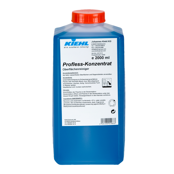 En blå 2000 ml plastikbeholder med rød hætte og teksten "Kiehl Profless-Konzentrat Oberflächereiniger" fra Johannes Kiehl KG med produkt- og anvendelsesinstruktioner på tysk til miljøvenlig rengøring.