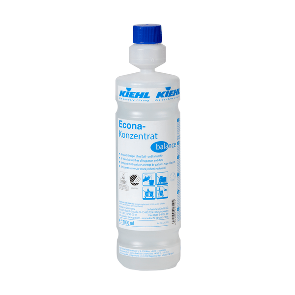 En 1-liters plastflaske med blå lukning og teksten "Kiehl Econa-koncentrat balance Allround-rengøringsmiddel uden duft- og farvestoffer" fra Johannes Kiehl KG. Det stærkt koncentrerede rengøringsmiddel har anvendelses- og sikkerhedsanvisninger med piktogrammer på etiketten.