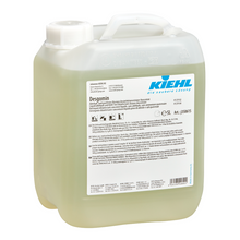 10-Liter-Kunststoffkanister Kiehl Desgomin Aldehyd- und quatfreies flüssiges Desinfektionsreiniger-Konzentrat der Johannes Kiehl KG, mit weißem Schraubverschluss, Griff, blauem Logo und vorderseitigem Produktinformationsetikett.