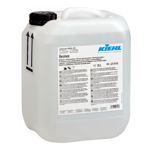 En 10-liters dunk af hvid plast med påskriften "Kiehl Resinex boldvoks- og harpiksfjerner" fra Johannes Kiehl KG, med stort håndtag, sort skruelåg, flersproget vejledning og to sorte pile på siden.