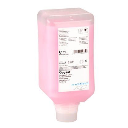 En rektangulær 2-liters dispenserflaske med Kiehl Opysat håndvasklotion fra Johannes Kiehl KG, fyldt med lyserødt, pH-neutralt håndvaskemiddel, mærket med produktdetaljer og flersprogede håndplejeinstruktioner.