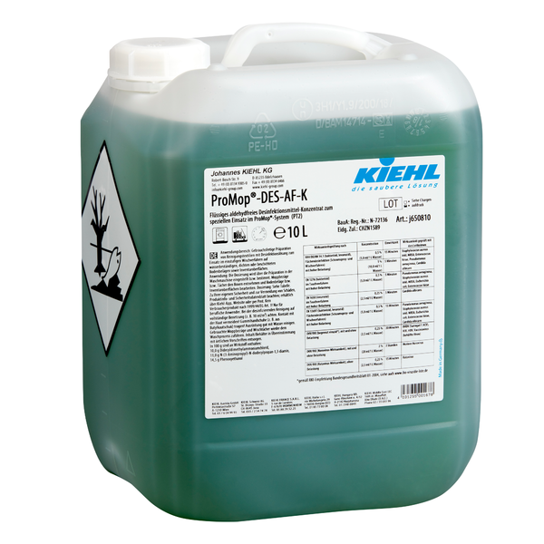 En 10-liters dunk Kiehl ProMop-DES-AF-K, et grønt, aldehydfrit desinfektionsmiddelkoncentrat fra Johannes Kiehl KG til professionel overfladerengøring og -desinfektion. På etiketten findes produktinformationer, sikkerhedsanvisninger og faresymboler.