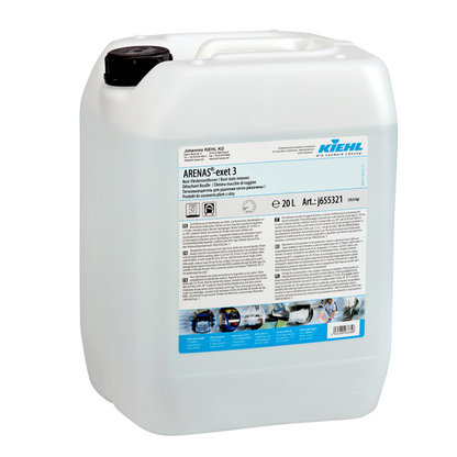 En 20-liters beholder af translucent plastik med Kiehl ARENAS-exet 3 rustpletfjerner fra Johannes Kiehl KG med sort skruelåg og flersprogede produktetiketter og instruktioner på forsiden.