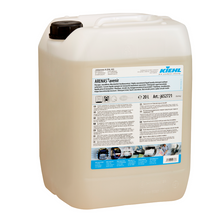 Ein 20-Liter-Kunststoffbehälter von Kiehl ARENAS-avenir Flüssiges tensidfreies Waschmittel der Johannes Kiehl KG, umweltfreundlich, mit schwarzem Deckel und weißem Etikett mit mehrsprachigen Produktinformationen und Anweisungen.