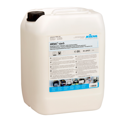 En 20-liters beholder af hvid plast med sort skruelåg og teksten "Kiehl ARENAS-Styrke Flydende Vaskestivelse" fra Johannes Kiehl KG. Etiketten indeholder produktinformationer, anvendelsesvejledninger og piktogrammer. Skånsom mod tekstiler.