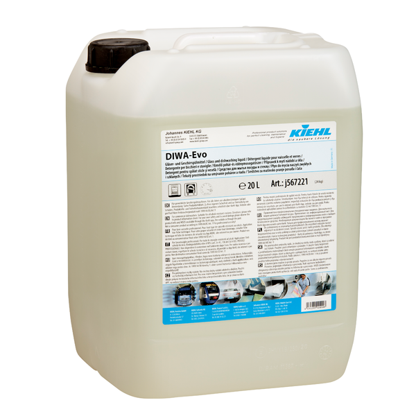 En 20-liters beholder af gennemsigtig plast med sort skruelåg, mærket med "Kiehl DIWA-Evo glas- og opvaskemiddel" fra Johannes Kiehl KG. Den blå-hvid-sorte etiket indeholder instruktioner og faresymboler.