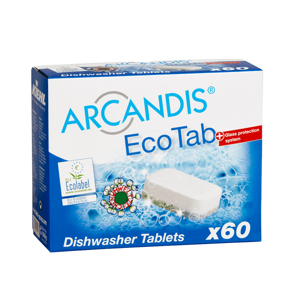 En blå-hvid æske med teksten "Kiehl ARCANDIS-EcoTab Opvasketabs" fra Johannes Kiehl KG, som viser et billede af en tablet, EU-miljømærkets logo og teksten for 60 fosfatfri tabs med glasskærm; pakken indeholder 5 kasser.