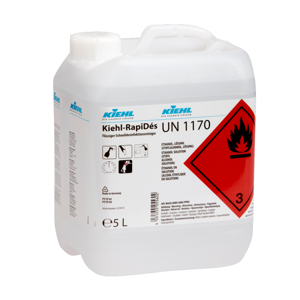 En 5-liters Kiehl RapiDés flydende hurtigdesinfektionsrens fra Johannes Kiehl KG til hurtig rengøring og desinfektion, med brandfareadvarsel, kemikalieinformation og sikkerhedssymboler på forsiden.