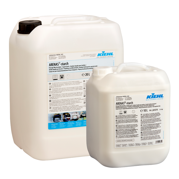 To hvide plastbeholdere (20L & 10L) af Kiehl ARENAS-Styrke Flydende Vaskestivelse fra Johannes Kiehl KG med produktetiket og sort skruelåg står foran en hvid baggrund for perfekt strøget tøj.