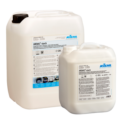 To hvide plastbeholdere (20L & 10L) af Kiehl ARENAS-Styrke Flydende Vaskestivelse fra Johannes Kiehl KG med produktetiket og sort skruelåg står foran en hvid baggrund for perfekt strøget tøj.