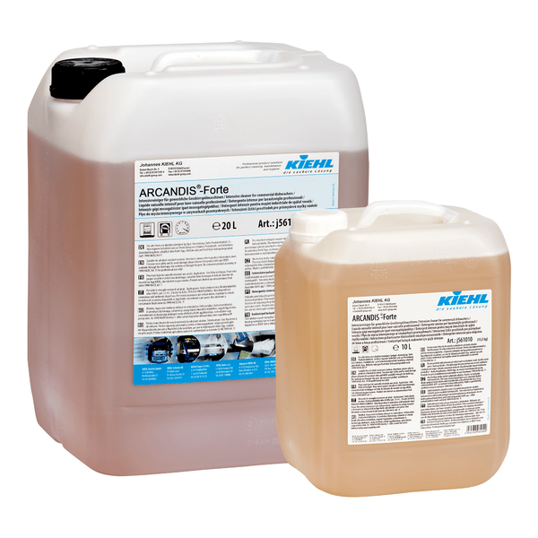 To gennemsigtige plastbeholdere (20L & 10L) fra Johannes Kiehl KG Kiehl ARCANDIS-Forte intensivrenser til kommercielle opvaskemaskiner, med hvide produktdetaljeetiketter.
