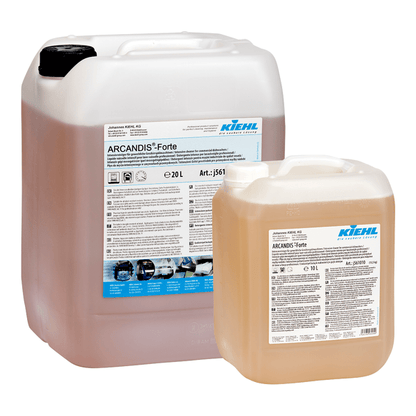 To gennemsigtige plastbeholdere (20L & 10L) fra Johannes Kiehl KG Kiehl ARCANDIS-Forte intensivrenser til kommercielle opvaskemaskiner, med hvide produktdetaljeetiketter.