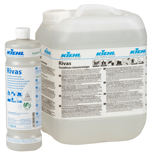 Afbildet er en 1-liters flaske og en større dunk af Kiehl Rivas Tensidfri Intensivrengører fra Johannes Kiehl KG, begge med hvid etiket og blå branding for denne tensidfri rengører til forskellige overflader.