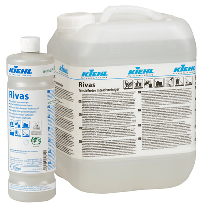 Afbildet er en 1-liters flaske og en større dunk af Kiehl Rivas Tensidfri Intensivrengører fra Johannes Kiehl KG, begge med hvid etiket og blå branding for denne tensidfri rengører til forskellige overflader.