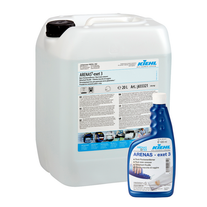 En hvid 20-liters plastbeholder og en blå 1-liters flaske Kiehl ARENAS-exet 3 rustpletfjerner fra Johannes Kiehl KG, begge med produktetiketter og instruktioner.